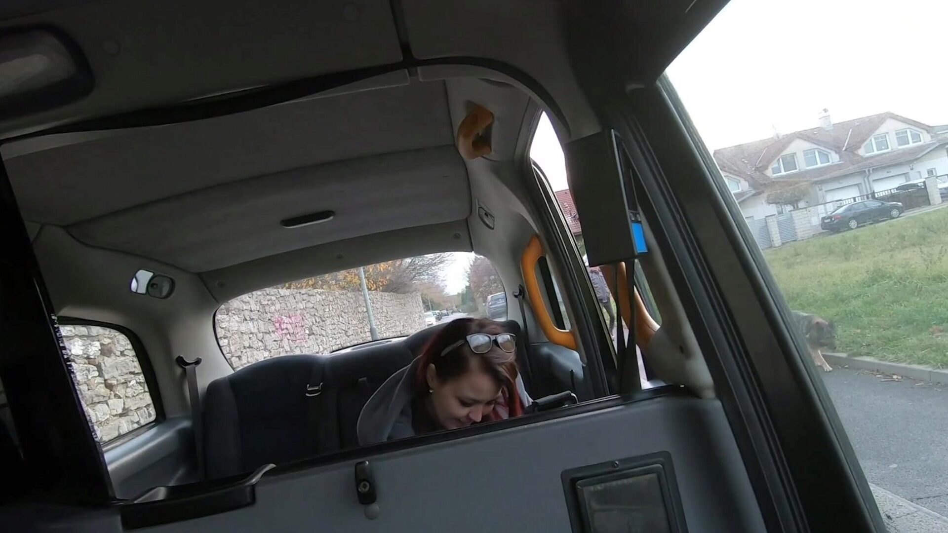 Fake Taxi Cindy Shine arched over the backseat of a London cab Sep 10th 2021