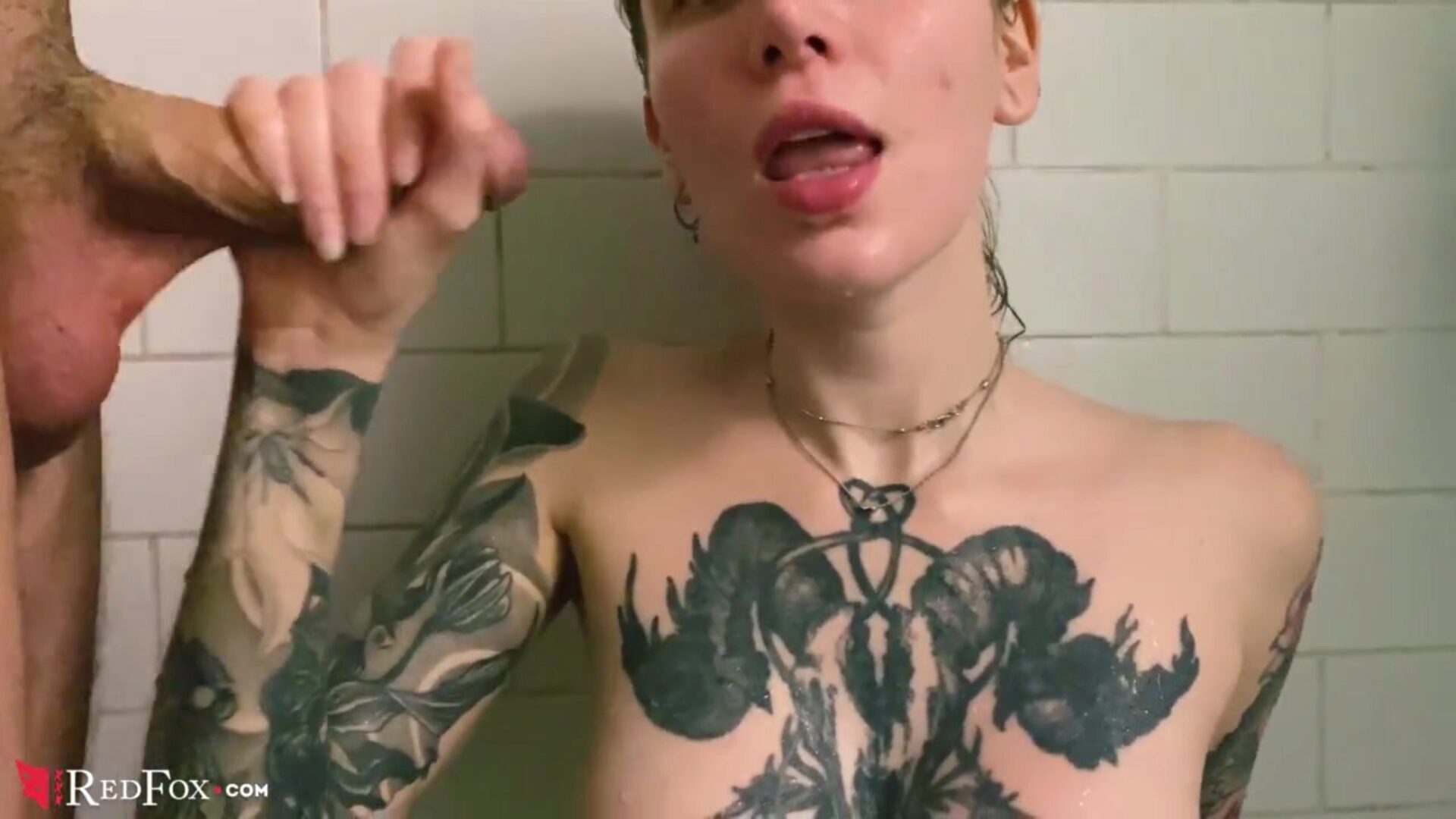tatuerad babe pov avsugning och cum i munnen i badrummet