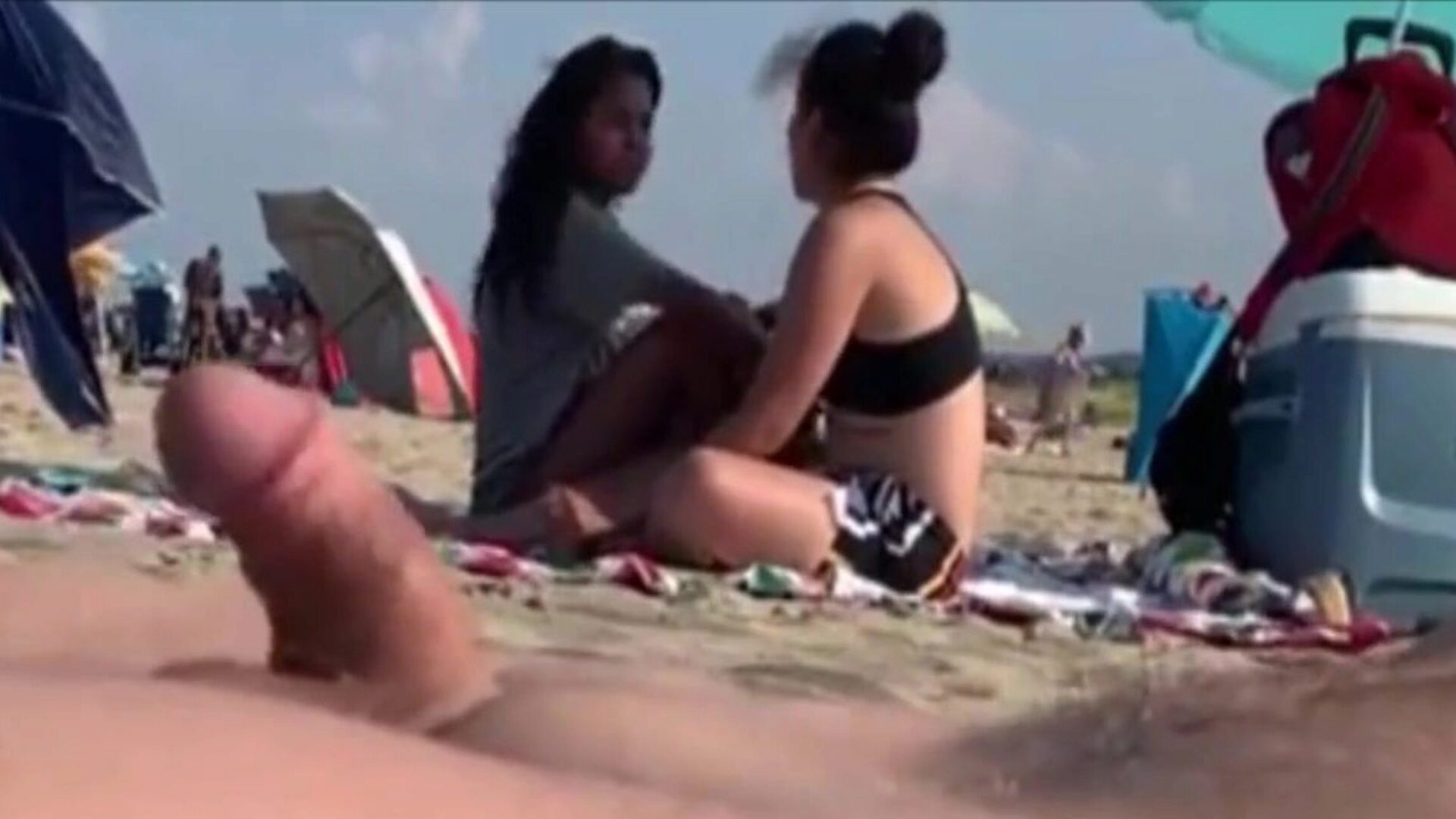 Two gals are observing my hard-on on a public beach Two beauties attending me to my wang let them go..