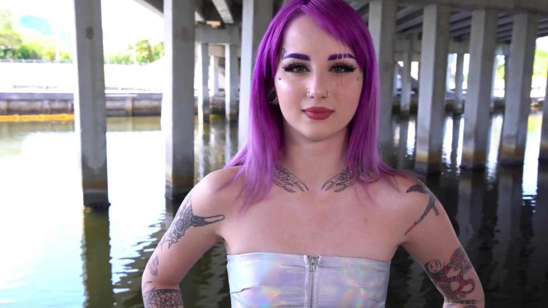 Горячую татуированную тинку-панк с фиолетовыми волосами шпилят